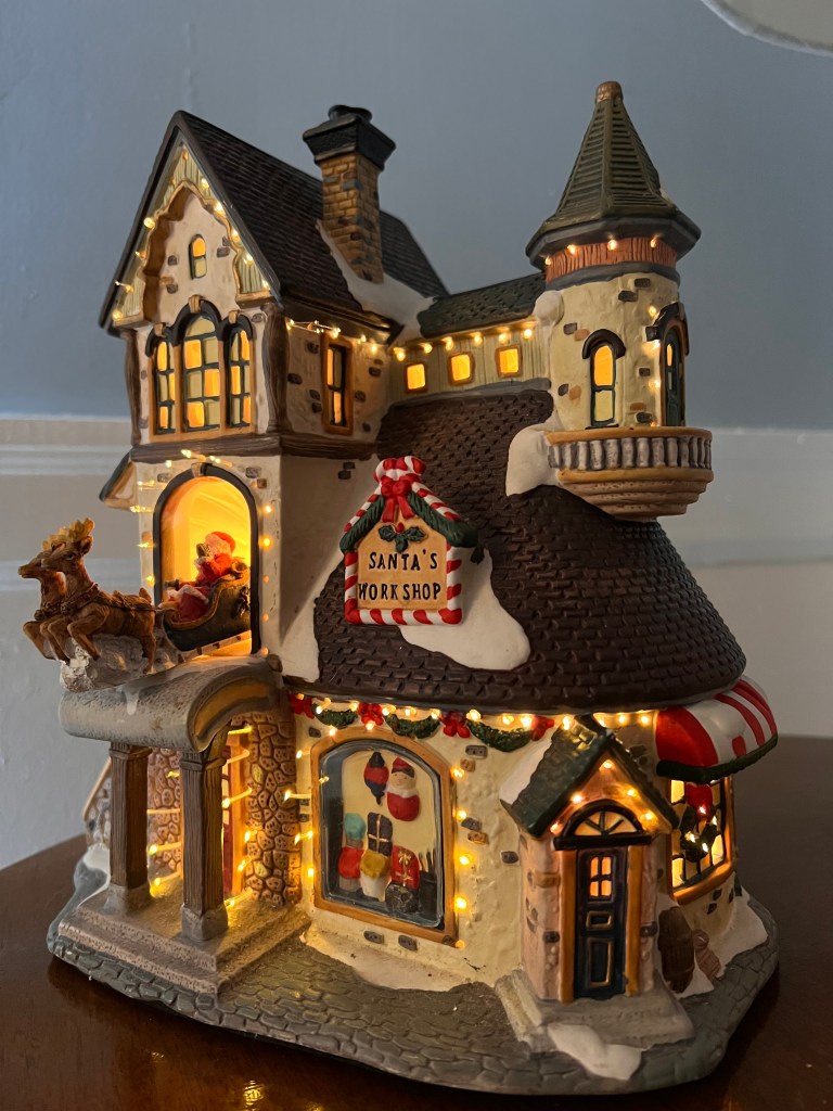 Santa's Workshop all aglow and old-fashioned Christmas style