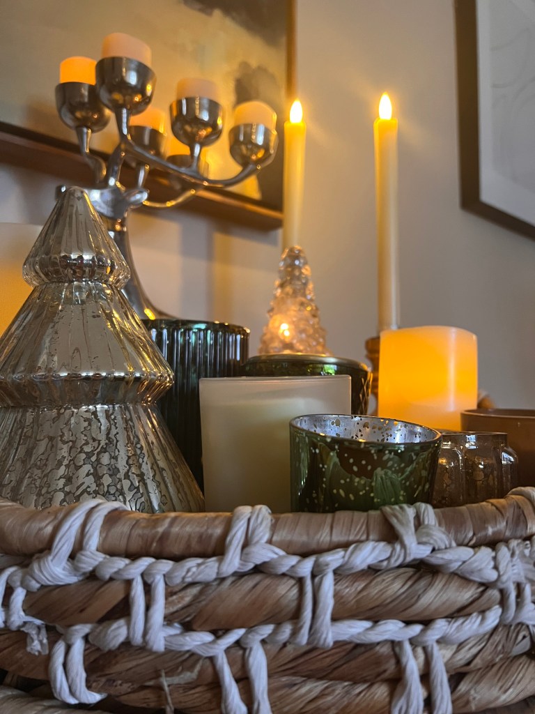 Candles and mercury glass decorating before Thanksgiving